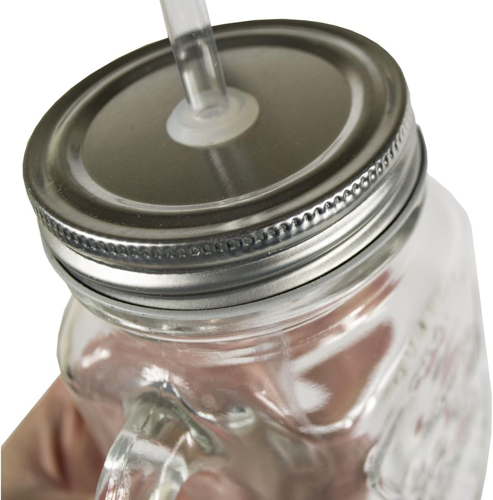 Clear Retro Clear 15oz Handled Summer Cocktail Jam Jars Beer Glass BBQ Drinking Lid Straw